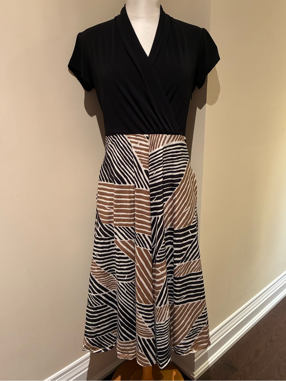 Talbots Black & Brown Patterned Wrap-Style Midi Dress